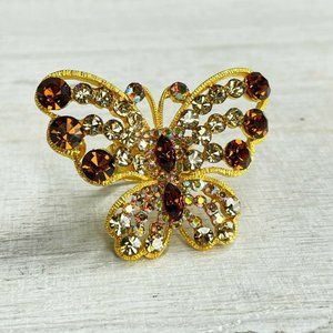 Cara Gold Tone Brown White Rhinestone Ring Sz 8
